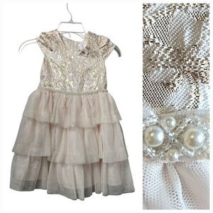 Biscotti Elegant Dress Gold Metallic Damask Flower Girl Formal Party Wedding